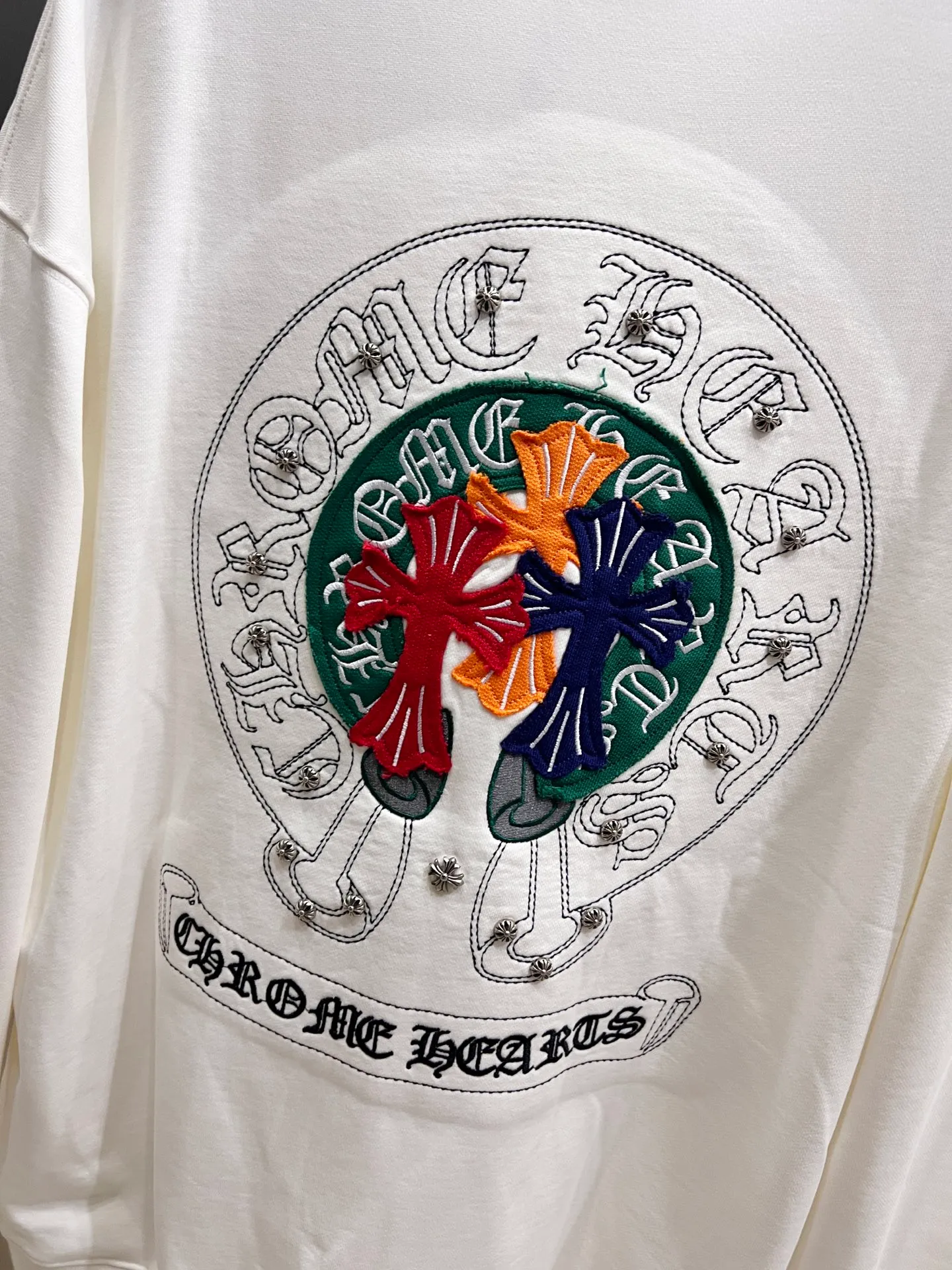 🅿️310 CH Cro 2025 Autumn and Winter New Style Customized 430g double yarn fabric, round neck long-sleeved sweatshirt, chest cross patch embroidery process, classic Sanskrit letter embroidery patch + hardware design process, high-end version! The same loose version for men and women S M L XL XXL five sizes color black white